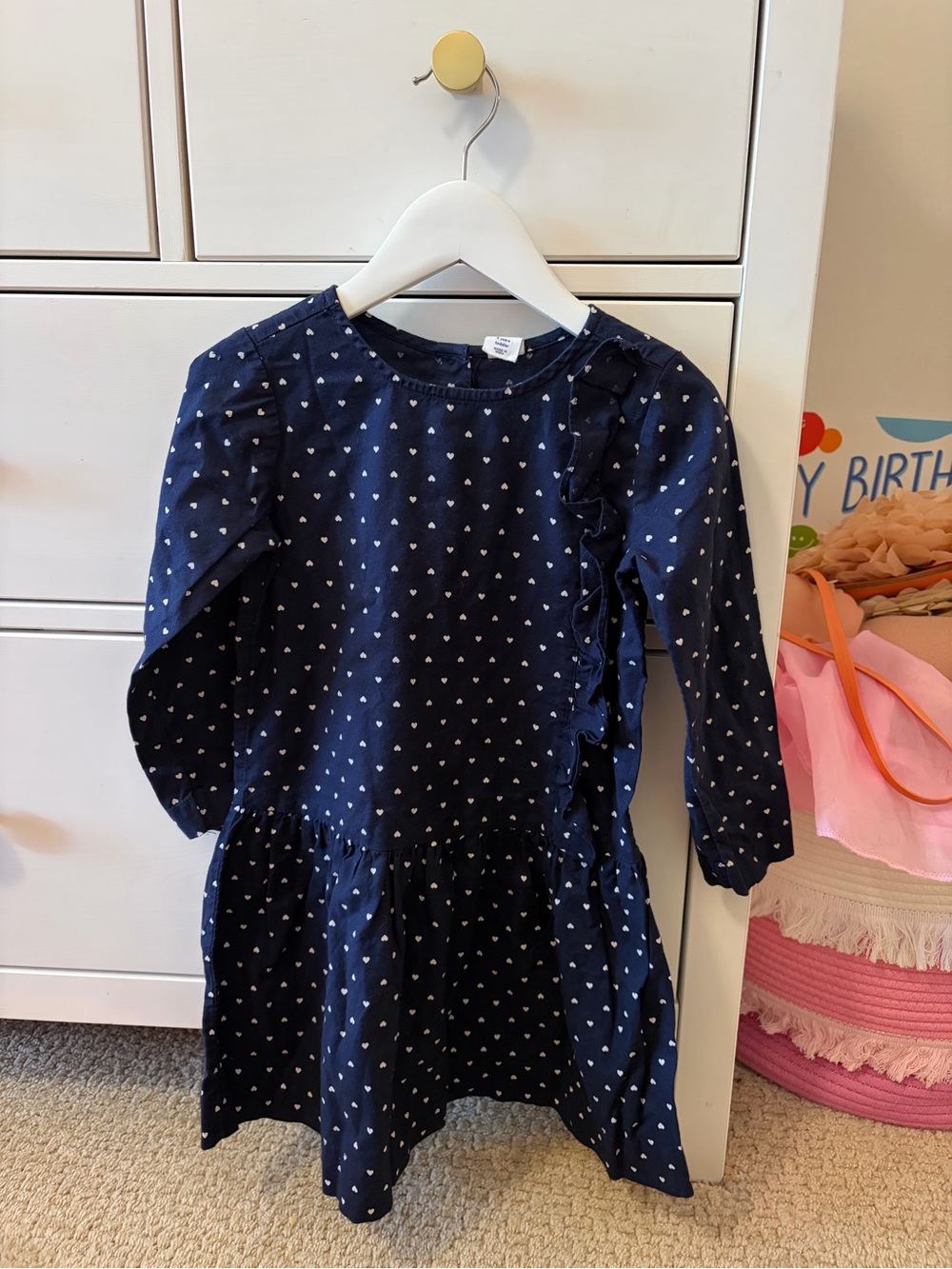 Baby Gap Girls 5 Navy Blue Heart Print Long Sleeve Cotton Dress